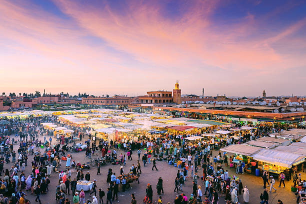 Famous Djemaa El Fna Square in early evening light, Marrakech, Moroc