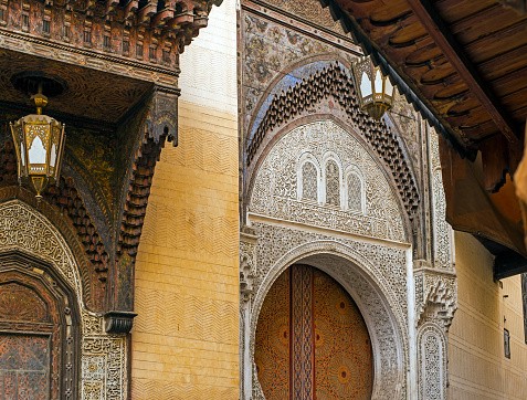 Arabesque pattern carved in entrance of Al Attarine madrasa in Derb Rhabt Qais,